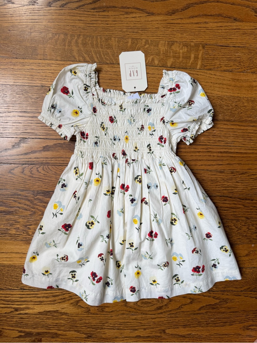 NWT - GAPxDoen White and Floral Smocked Puff-Sleeve Dress